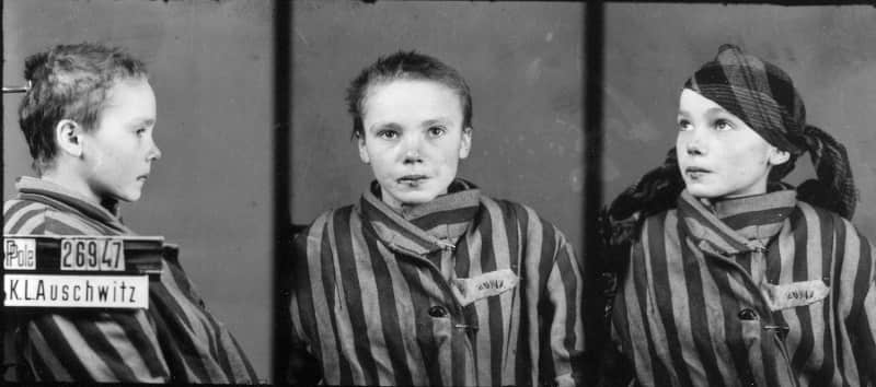 Czeslawa Kwoka, photographed for Nazi records upon her arrival at Auschwitz and just after she’d been beaten by a camp guard. Circa 1942-1943.