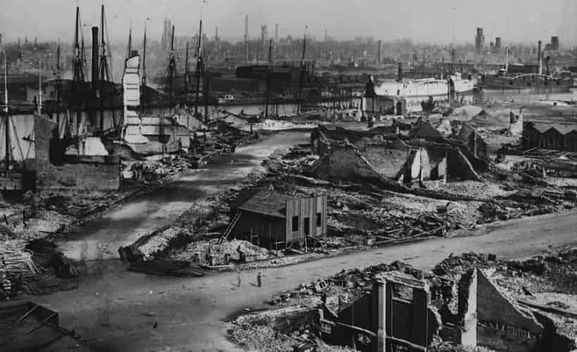 The Great Chicago Fire erupted on Oct. 8, 1871, and burned a large portion of the city until it died out two days later. The fire killed hundreds and destroyed much of the central business district, which was largely constructed from wood. In this photo, the aftermath of the fire can be seen with the Chicago River in the background.