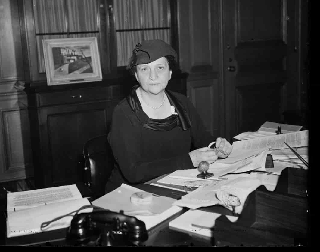 Secretary of Labor Frances Perkins at her desk in the Labor Department, 1936.