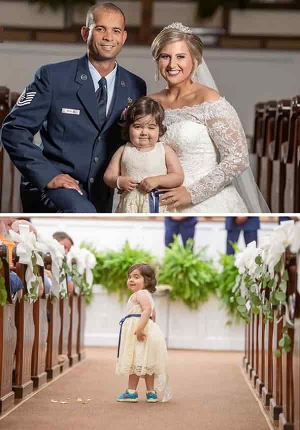 Skye Savren-McCormick, 3, walks down the aisle as the flower girl for her bone marrow donor's wedding on June 9, 2018.