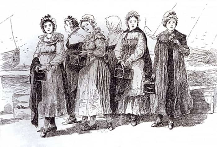 The sketch shows the Casket Girls as they arrived in new Orleans.-min