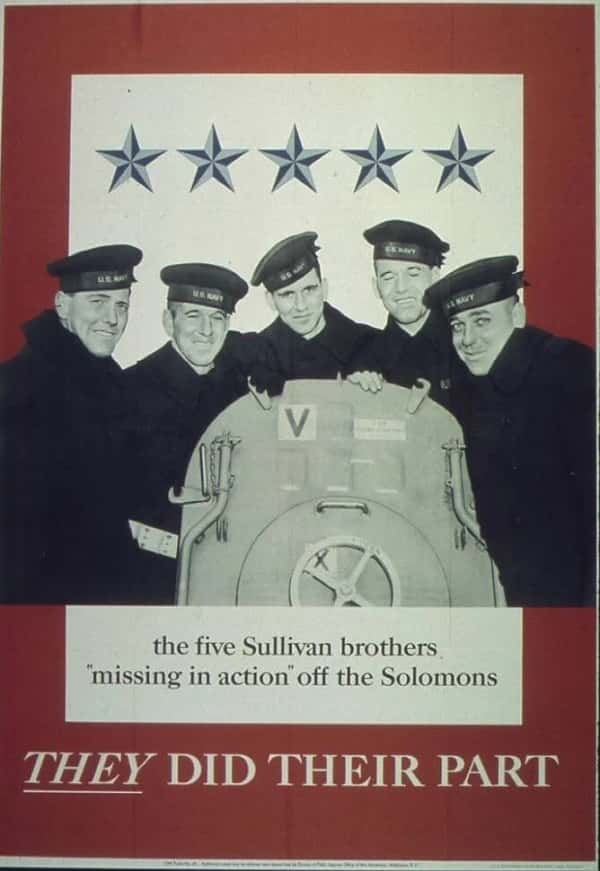 A wartime poster featuring the Sullivan Brothers.