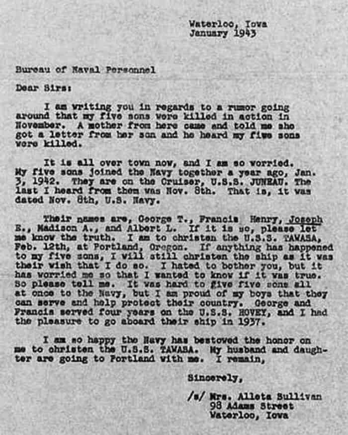 Alleta Sullivan’s January 1943 letter seeking information about her five sons, who were all missing in action.