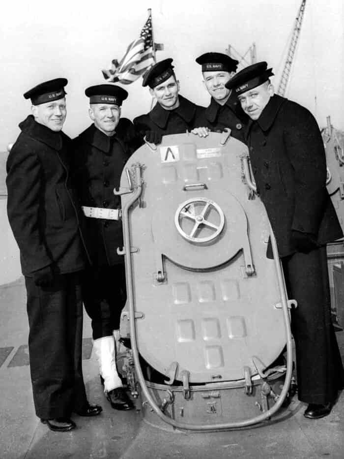 The five Sullivan brothers — Joe, Frank, Al, Matt, and George — at the commissioning of the USS Juneau.