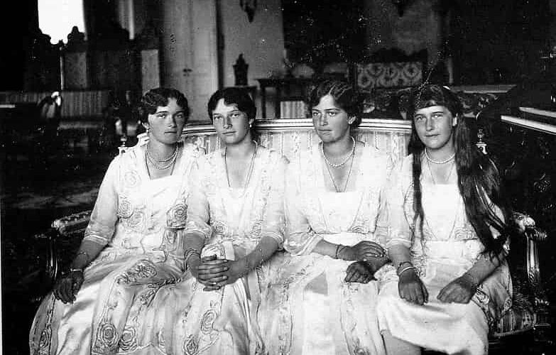 This official portrait of Grand Duchesses Olga, Tatiana, Maria, and Anastasia Nikolaevna of Russia dates to 1915 or 1916