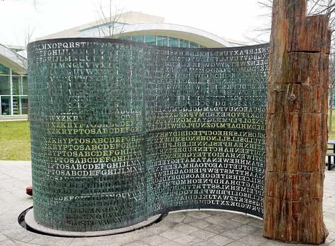 Kryptos sculpture, CIA encrypted puzzle, Jim Sanborn, Kryptos unsolved code, Kryptos K4 mystery, Vigenère cipher, CIA headquarters art, codebreaking community, Elonka Dunne Kryptos.