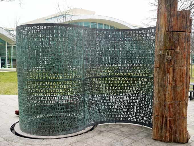 Kryptos sculpture, CIA encrypted puzzle, Jim Sanborn, Kryptos unsolved code, Kryptos K4 mystery, Vigenère cipher, CIA headquarters art, codebreaking community, Elonka Dunne Kryptos.
